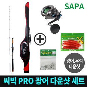 싸파 씨빅 PRO 광어다운샷 세트 / 광어대+베이트릴+가방+채비+웜 / 광어 우럭 바다 낚시